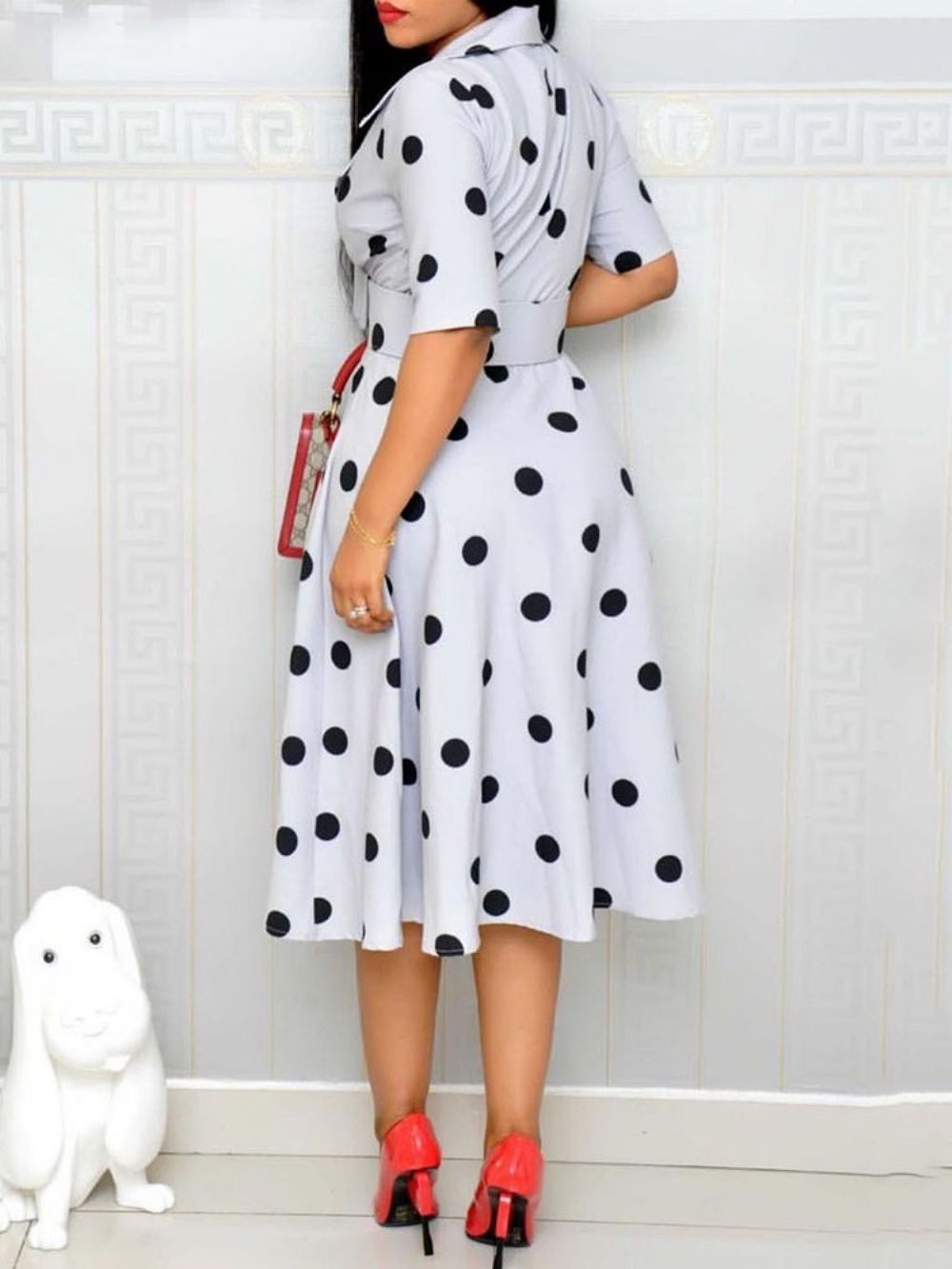 Polka Dots A-Line Mid-Calf Meia Manga Regular Ol Dres (Sem Cintura)