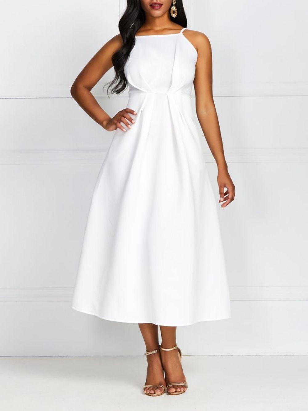 Vestido Branco Liso De Cintura Padrão Sem Mangas E Sem Mangas Linha A