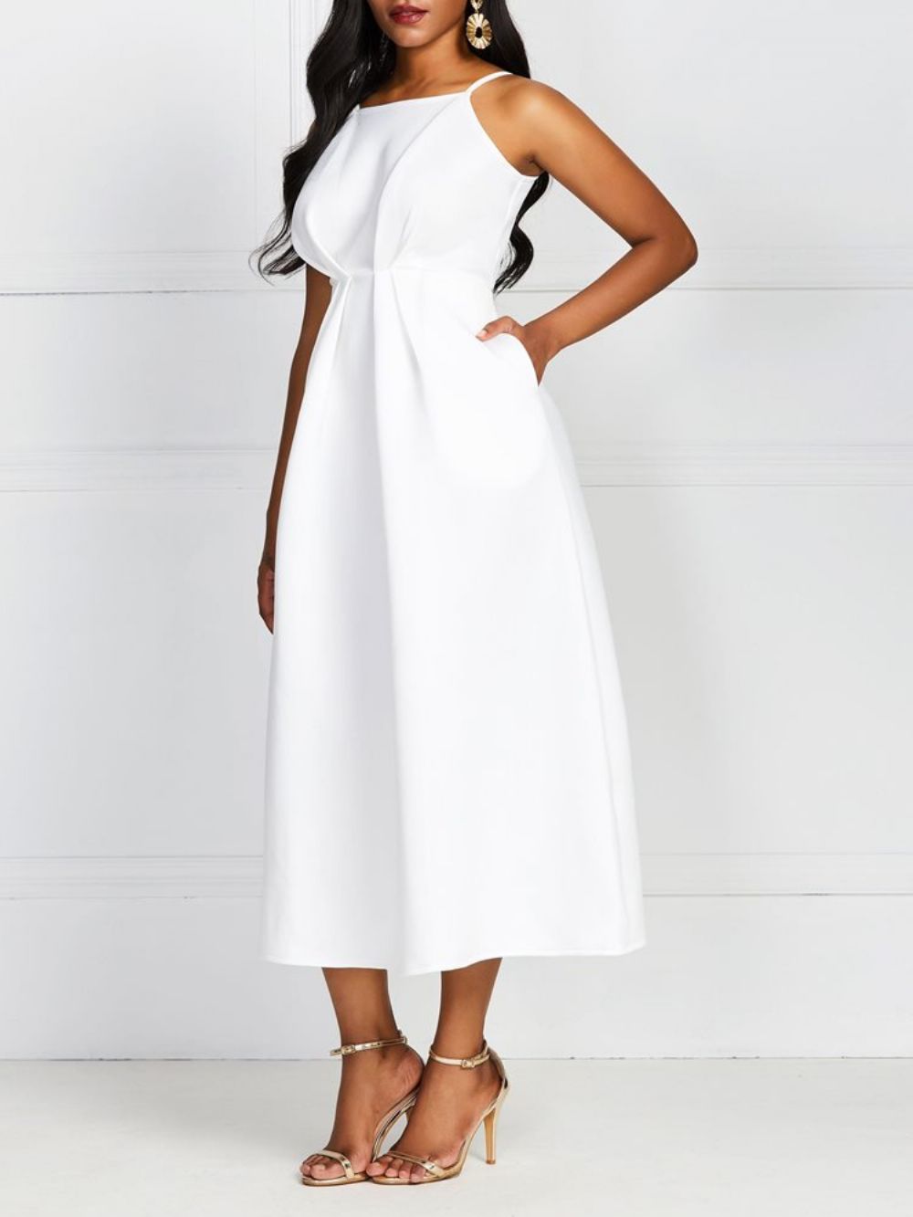 Vestido Branco Liso De Cintura Padrão Sem Mangas E Sem Mangas Linha A