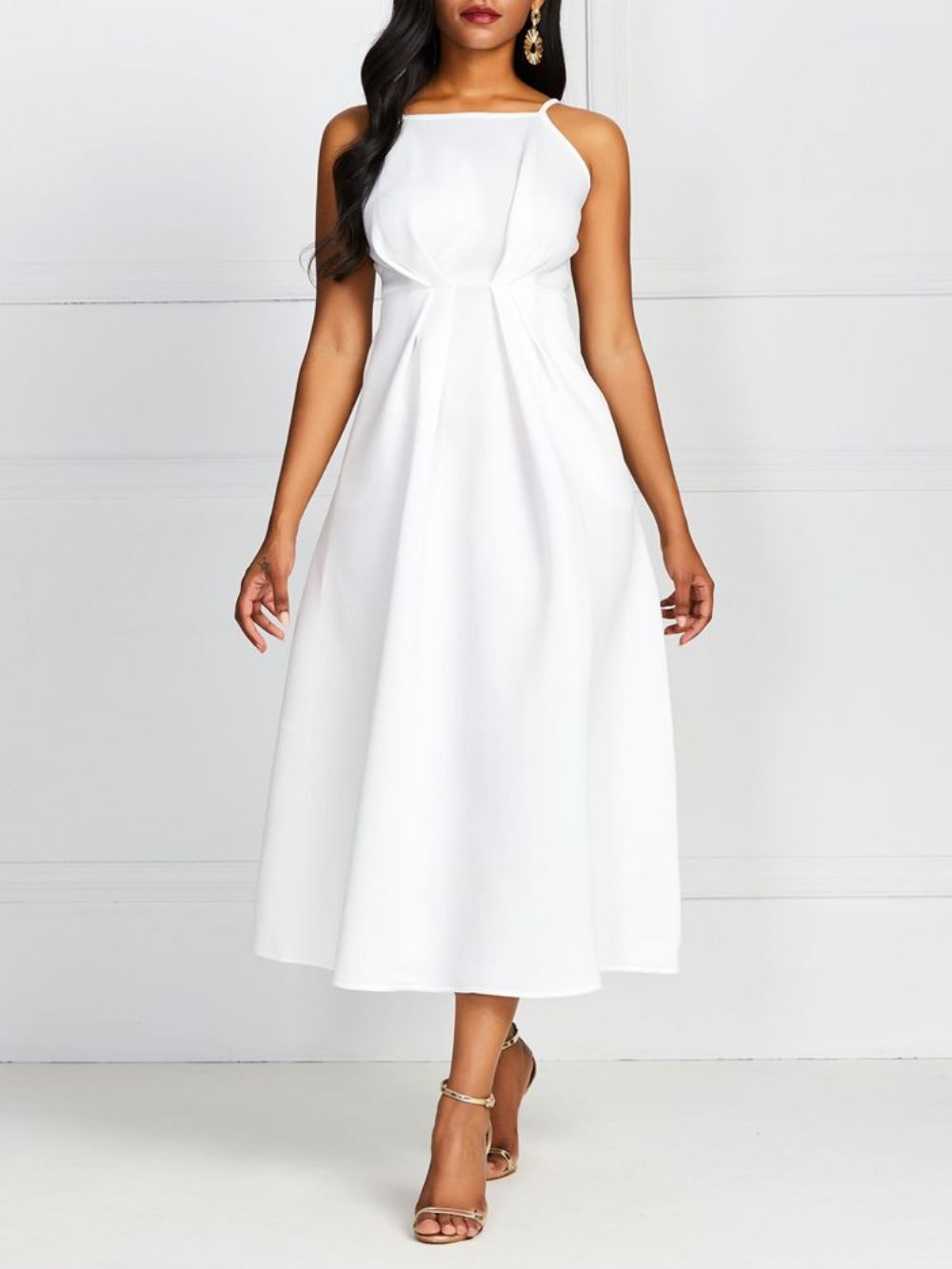 Vestido Branco Liso De Cintura Padrão Sem Mangas E Sem Mangas Linha A