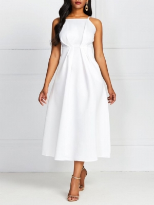 Vestido Branco Liso De Cintura Padrão Sem Mangas E Sem Mangas Linha A