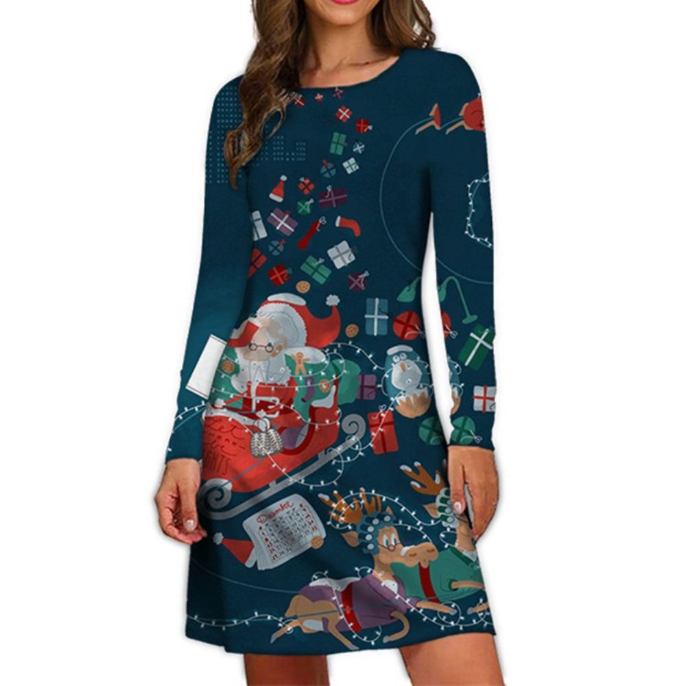 Vestido Casual De Desenho Animado De Inverno Com Estampa De Natal Acima Do Joelho