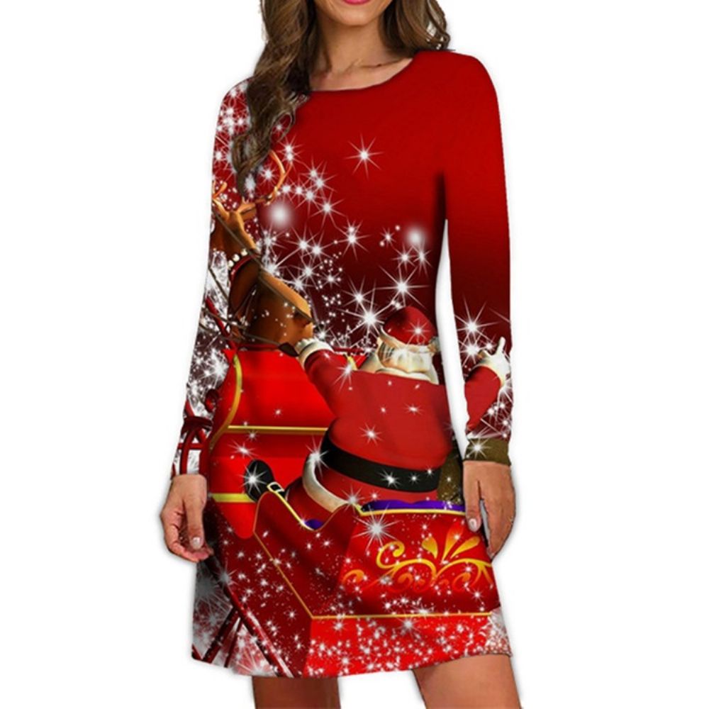 Vestido Casual De Desenho Animado De Inverno Com Estampa De Natal Acima Do Joelho