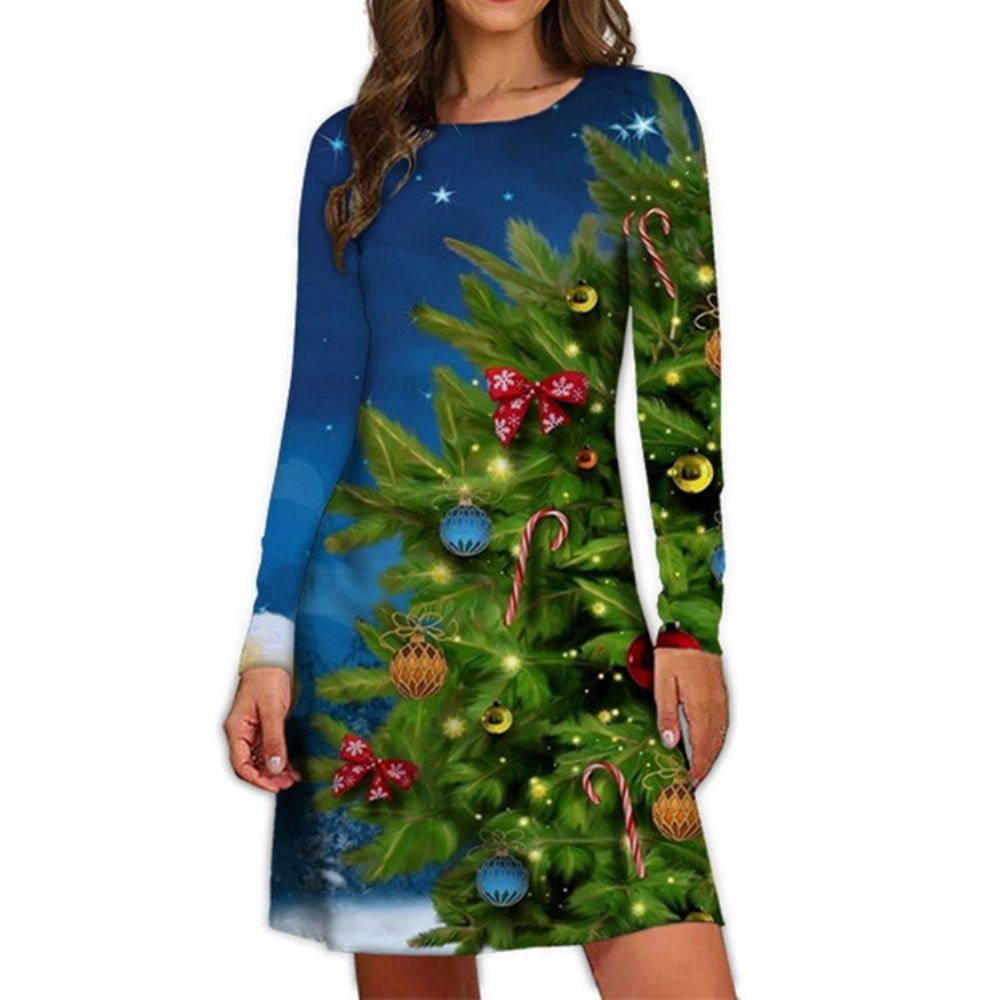 Vestido Casual De Desenho Animado De Inverno Com Estampa De Natal Acima Do Joelho