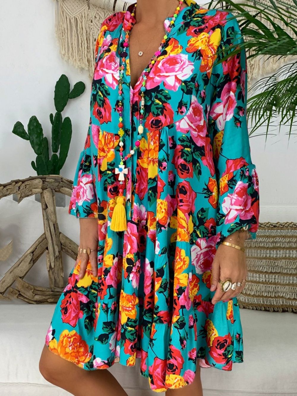 Vestido Casual Linha A Acima Do Joelho Manga Longa Decote Em V