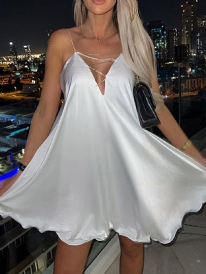 Vestido Casual De Strass Sem Manga Com Decote Em V E Linha A