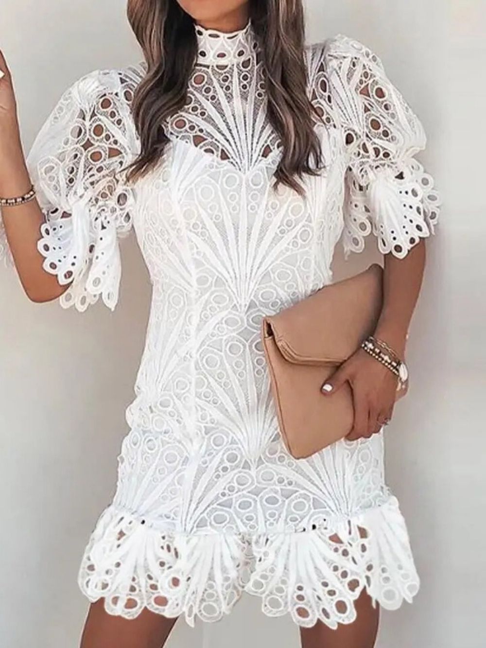 Vestido Casual De Verão Liso Manga Curta Gola Transparente