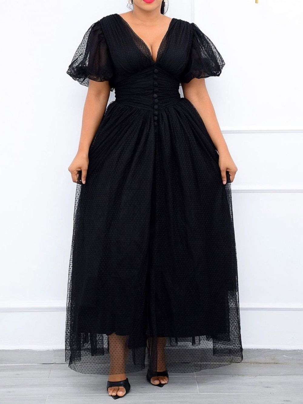 Vestido Com Decote Em V Até O Chão De Malha Lisa Linha A Maxi Vestido Plus Size