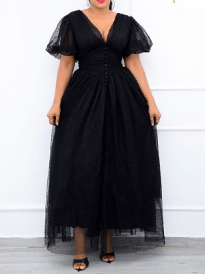 Vestido Com Decote Em V Até O Chão De Malha Lisa Linha A Maxi Vestido Plus Size