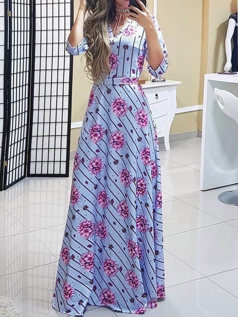 Vestido Doce Manga Três Quartos Estampado Até O Chão