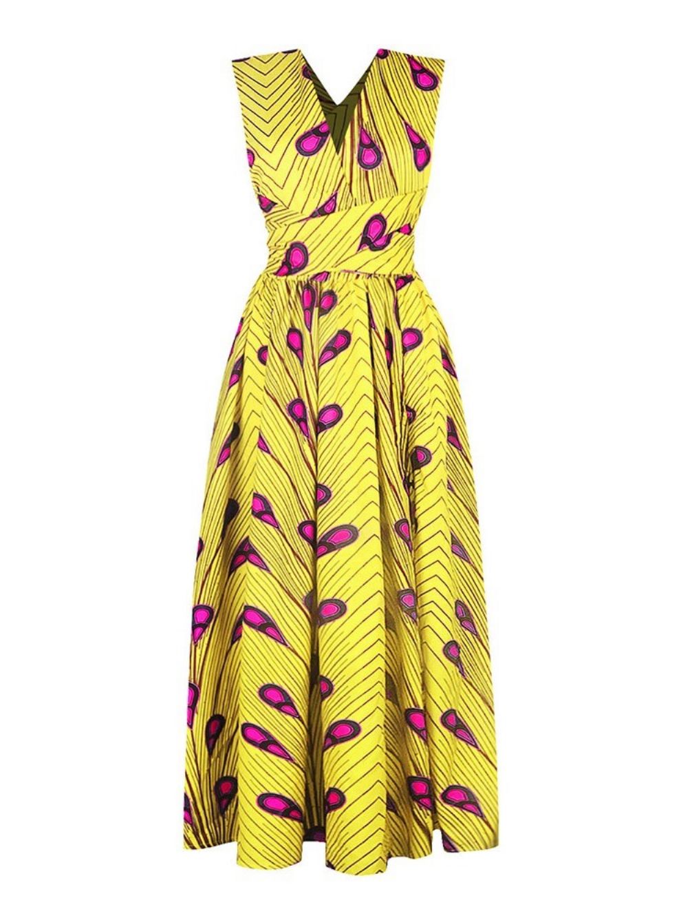 Vestido Estilo Africano Sem Encosto Longo Com Decote Em V E Linha A