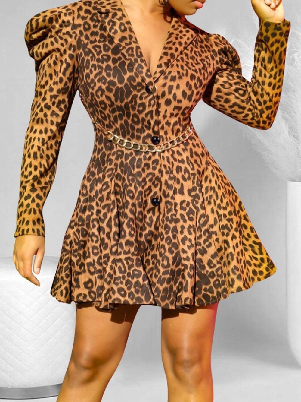 Vestido Feminino Com Botões Manga Longa Acima Do Joelho Moda Leopardo