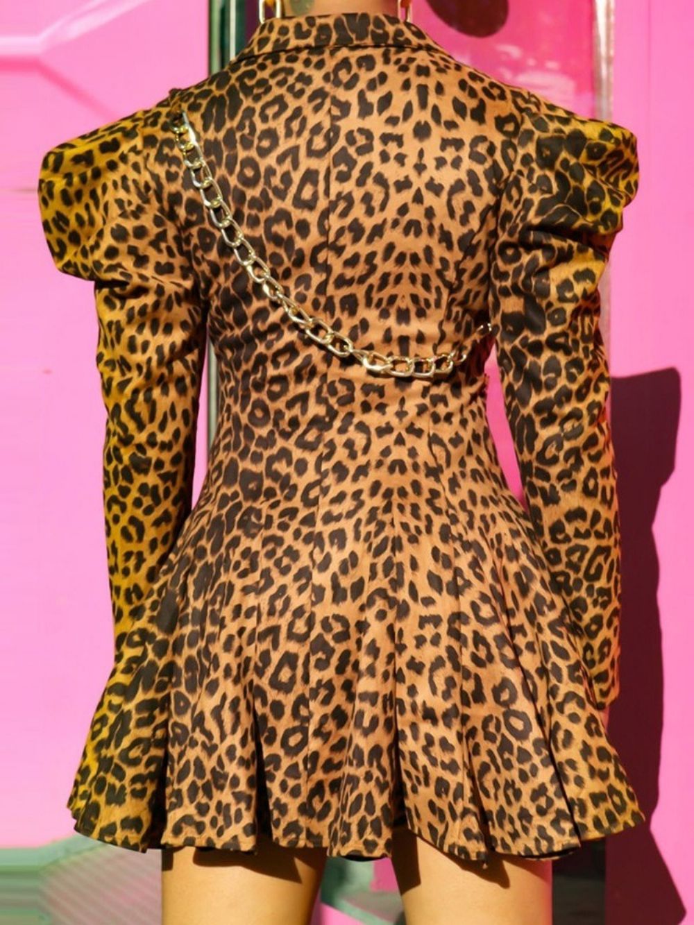 Vestido Feminino Com Botões Manga Longa Acima Do Joelho Moda Leopardo