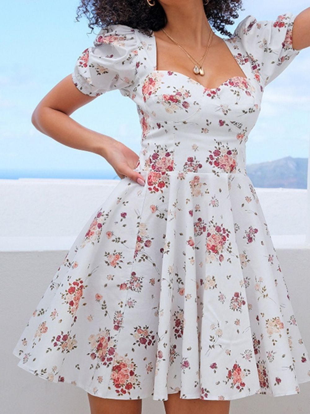 Vestido Feminino Estampado Acima Do Joelho Manga Curta Doce Cintura Média