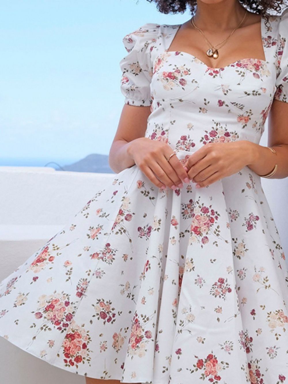 Vestido Feminino Estampado Acima Do Joelho Manga Curta Doce Cintura Média