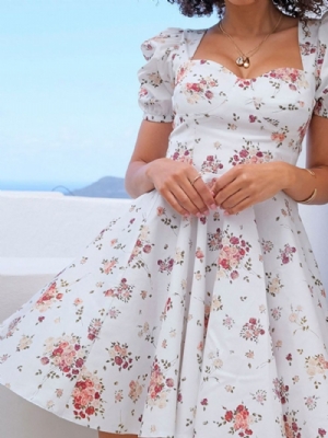 Vestido Feminino Estampado Acima Do Joelho Manga Curta Doce Cintura Média