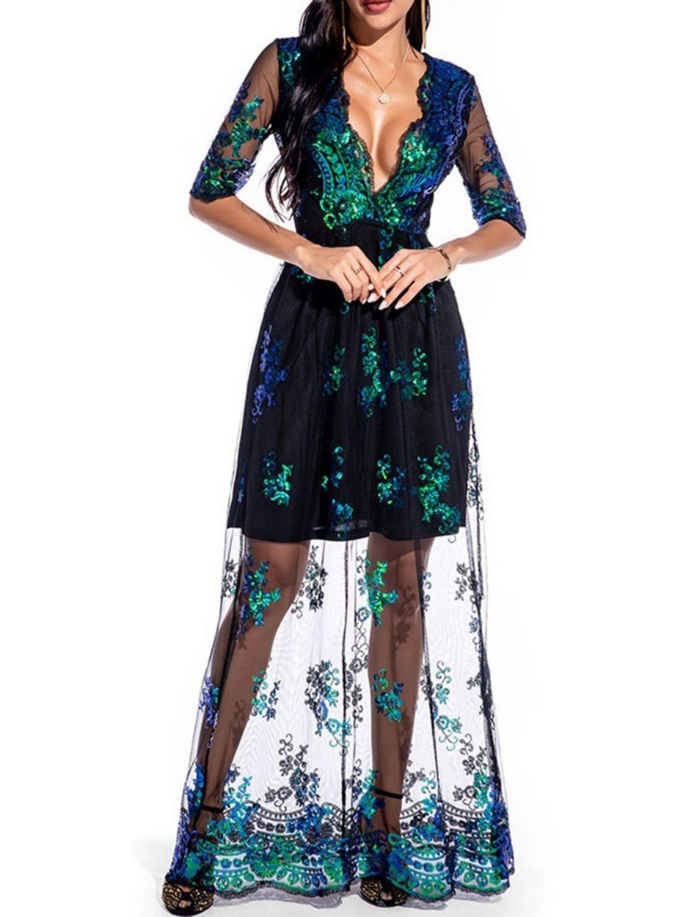 Vestido Feminino Floral Longo Bordado Manga Três Quartos