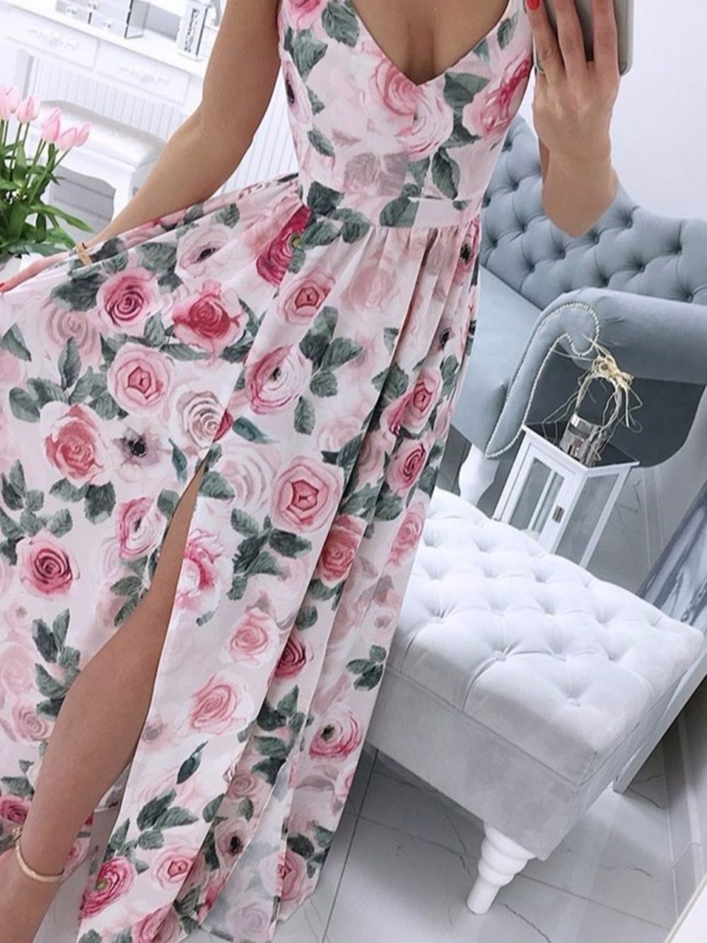 Vestido Feminino Longo De Verão Sem Mangas Divididas Em Linha A