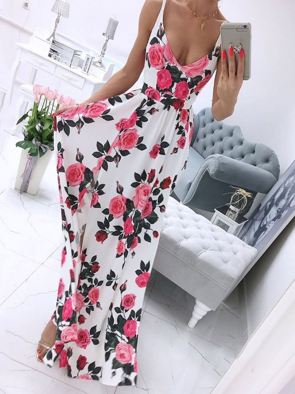 Vestido Feminino Longo De Verão Sem Mangas Divididas Em Linha A