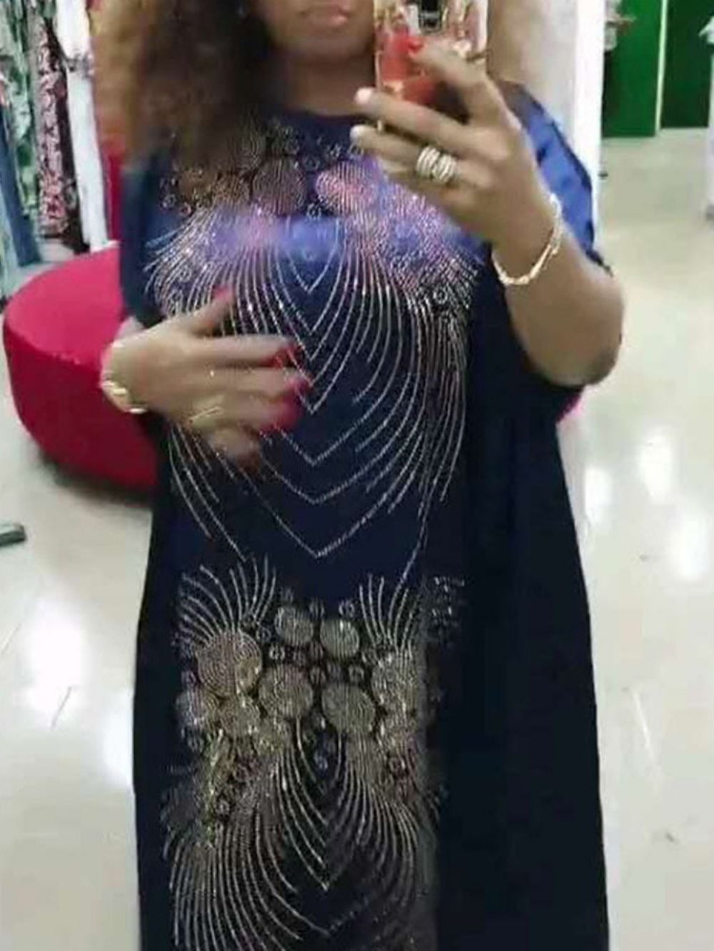 Vestido Geométrico Longo Com Strass E Meia Manga