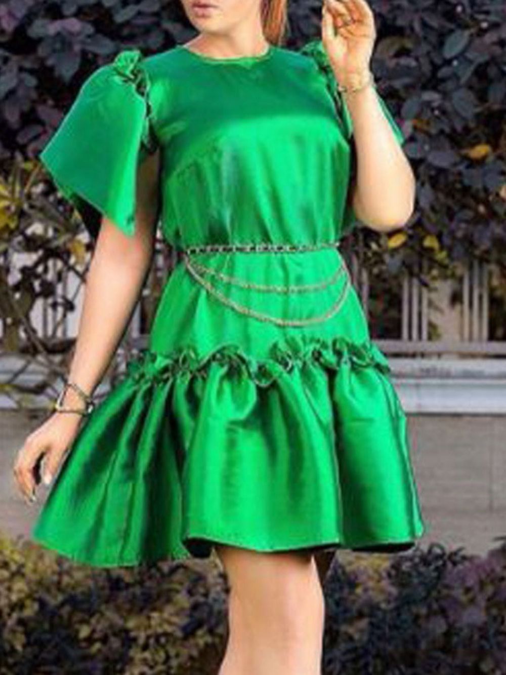 Vestido Liso Manga Curta Gola Redonda Gola Redonda E Linha A