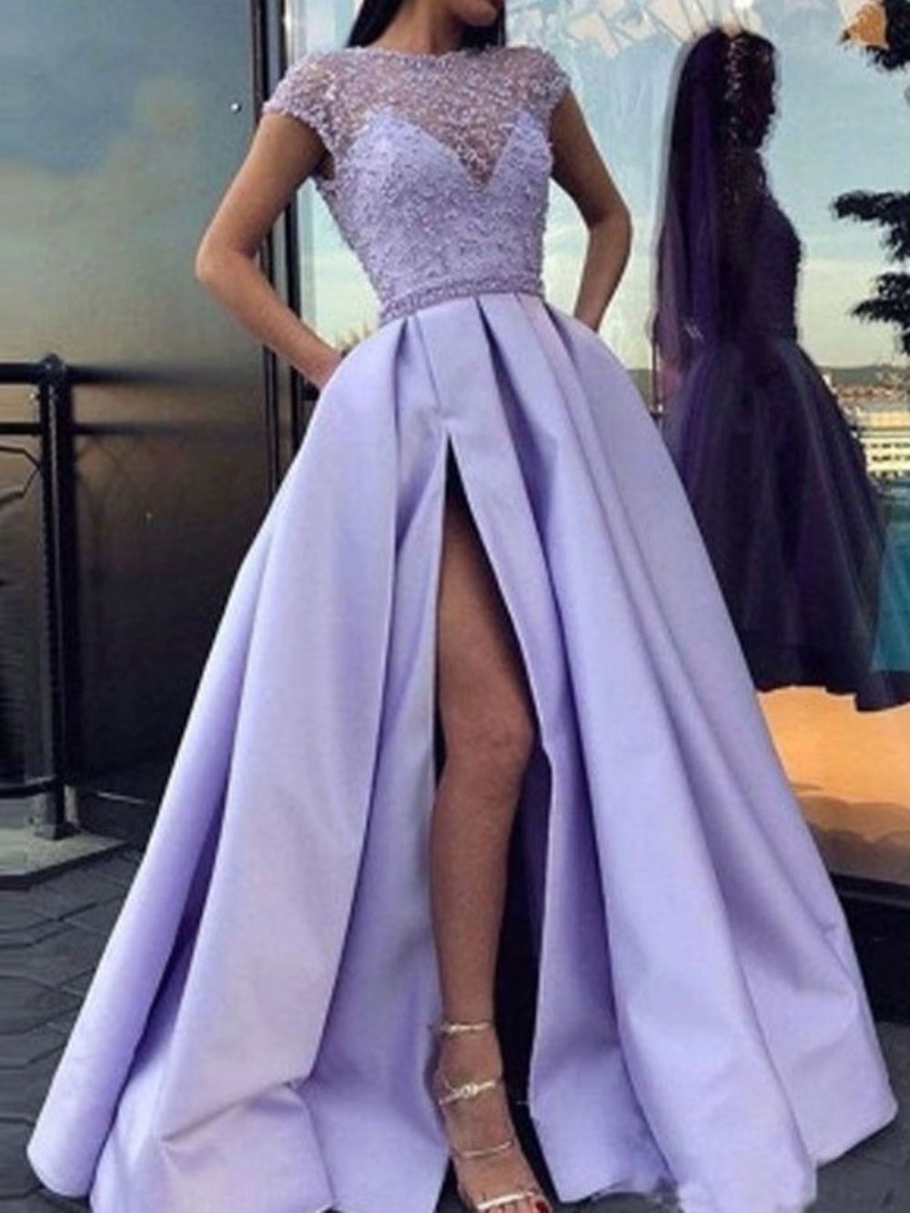 Vestido De Manga Curta E Gola Redonda Até O Chão Liso Linha A