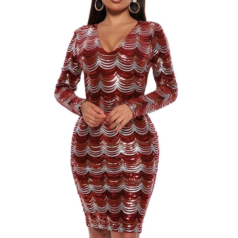 Vestido Manga Longa Com Decote Em V E Comprimento Do Joelho Cintura Média E Bodycon Bodycon