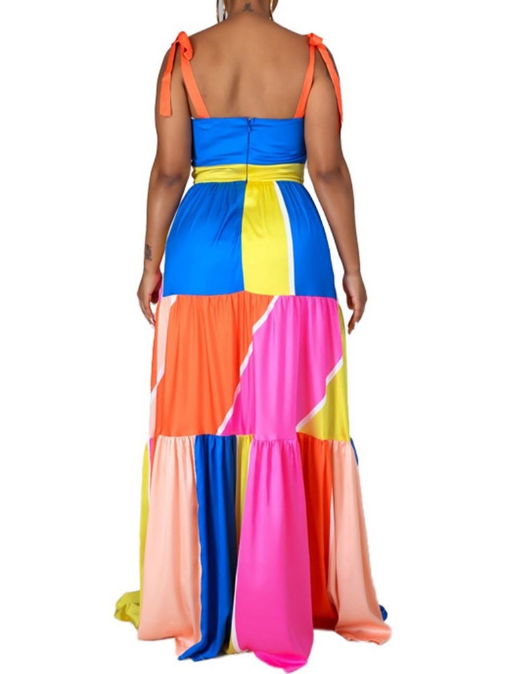 Vestido Maxi Color Block Sem Mangas Até O Chão