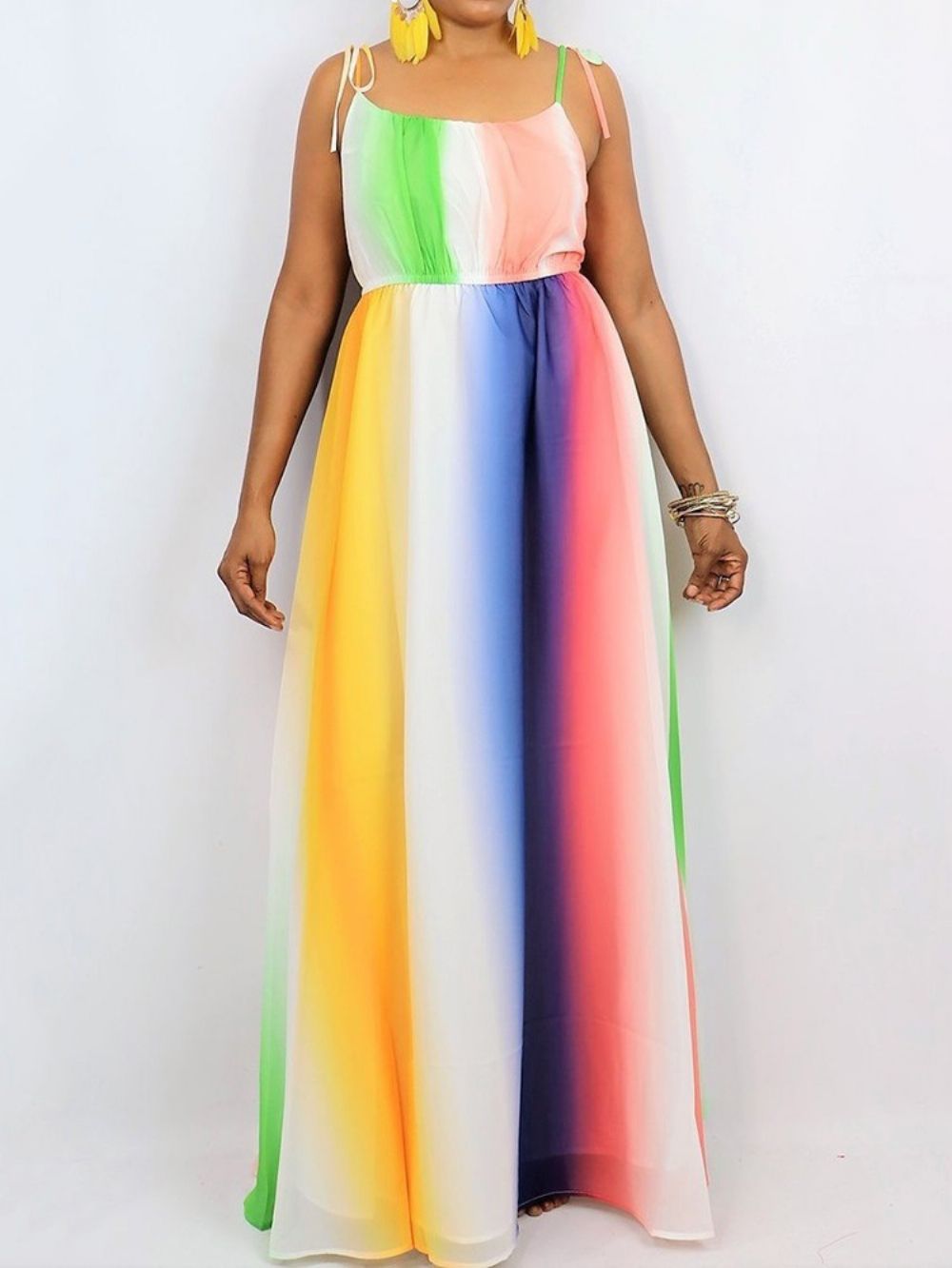 Vestido Maxi Color Block Sem Mangas Até O Chão Tie-Dye