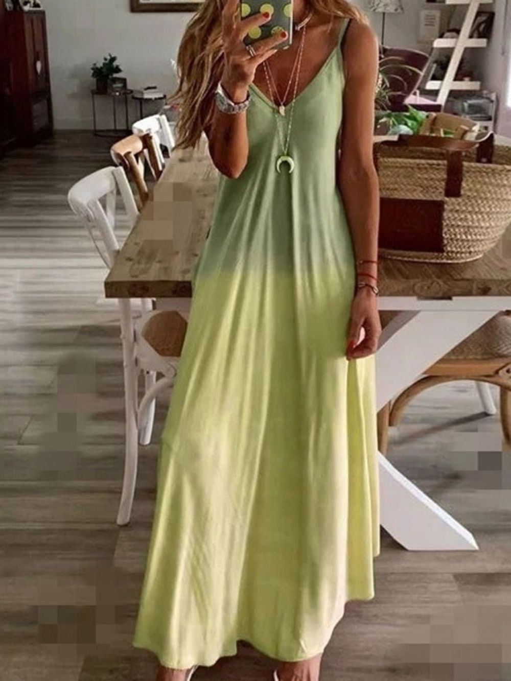 Vestido Maxi Com Decote Em V No Tornozelo Sem Manga E Alça De Espaguete