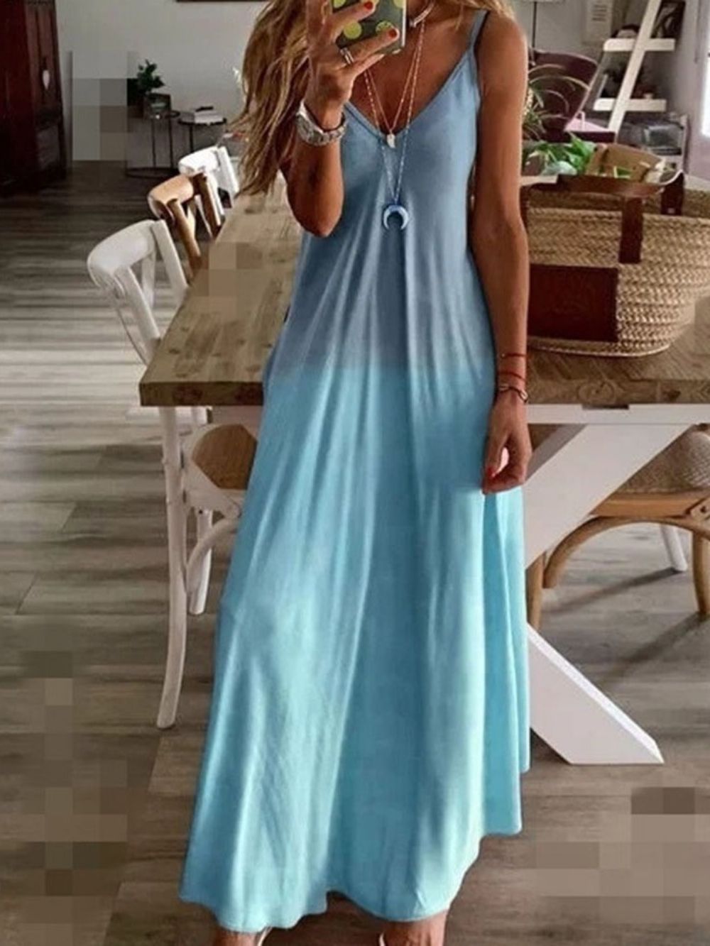 Vestido Maxi Com Decote Em V No Tornozelo Sem Manga E Alça De Espaguete