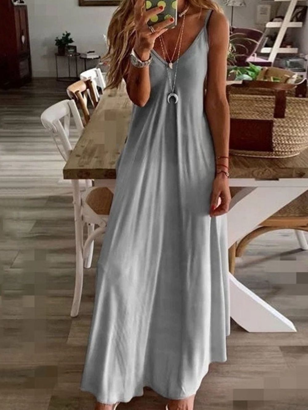 Vestido Maxi Com Decote Em V No Tornozelo Sem Manga E Alça De Espaguete