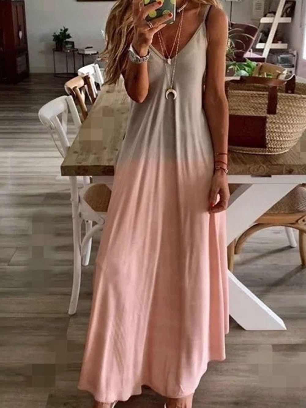 Vestido Maxi Com Decote Em V No Tornozelo Sem Manga E Alça De Espaguete