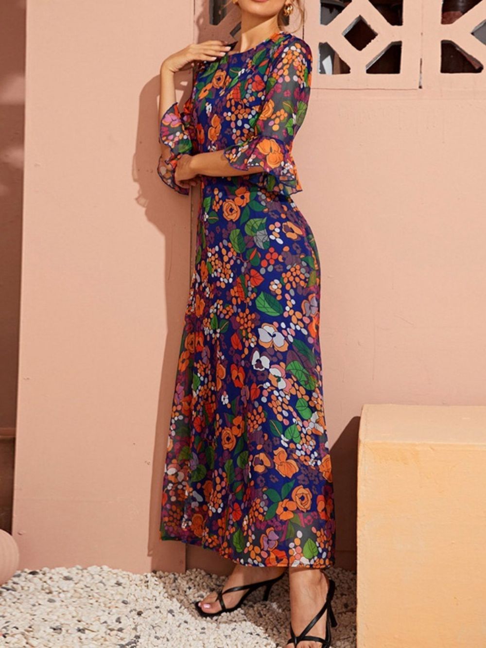 Vestido Maxi Estampado Manga 3 4 Até O Tornozelo Floral Primavera