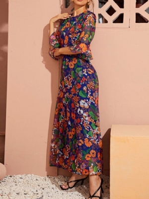 Vestido Maxi Estampado Manga 3 4 Até O Tornozelo Floral Primavera