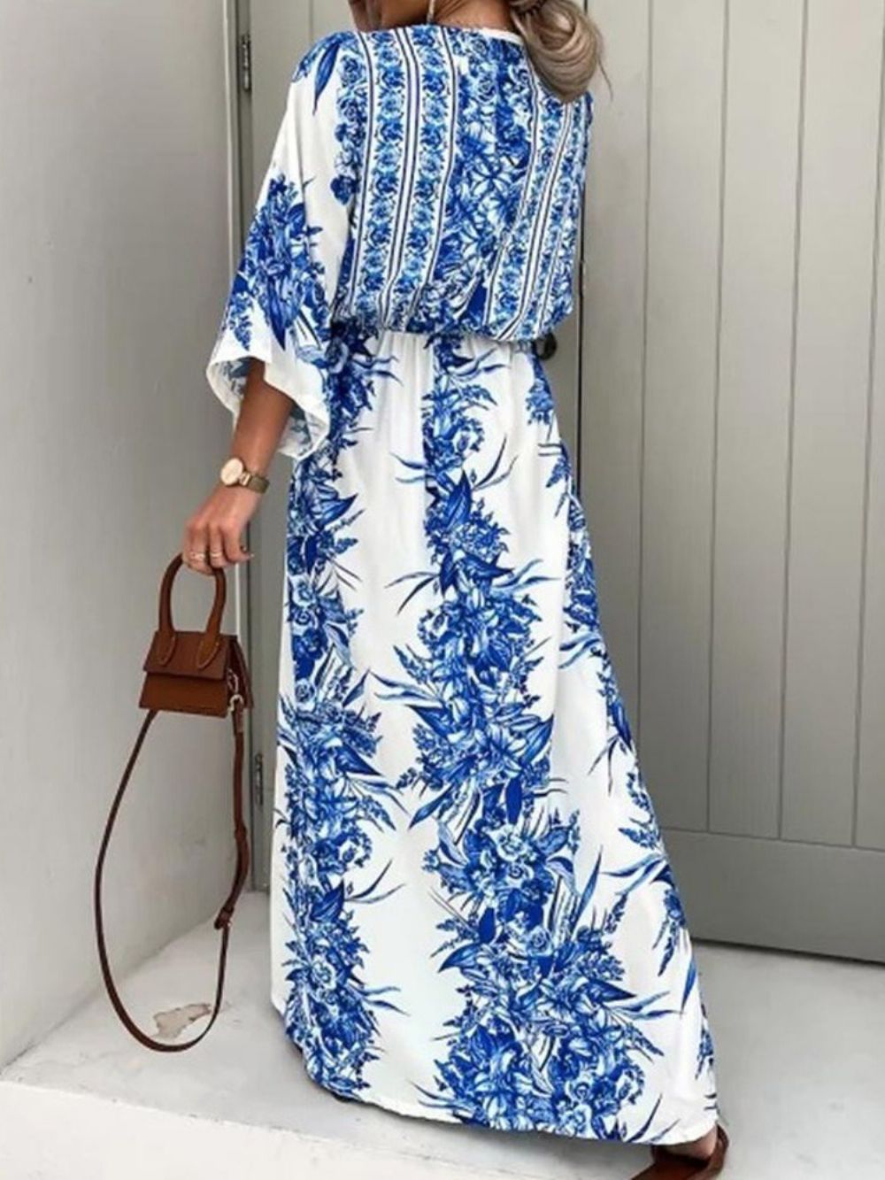 Vestido Maxi Estampado No Chão Com Decote Em V Verão Cintura Média