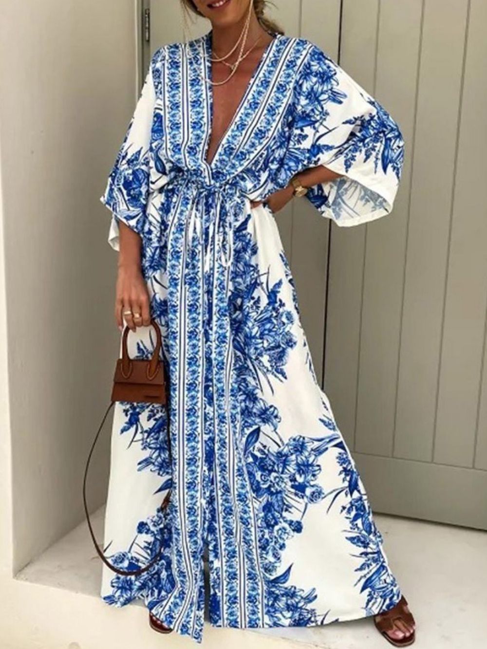 Vestido Maxi Estampado No Chão Com Decote Em V Verão Cintura Média