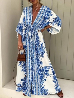 Vestido Maxi Estampado No Chão Com Decote Em V Verão Cintura Média