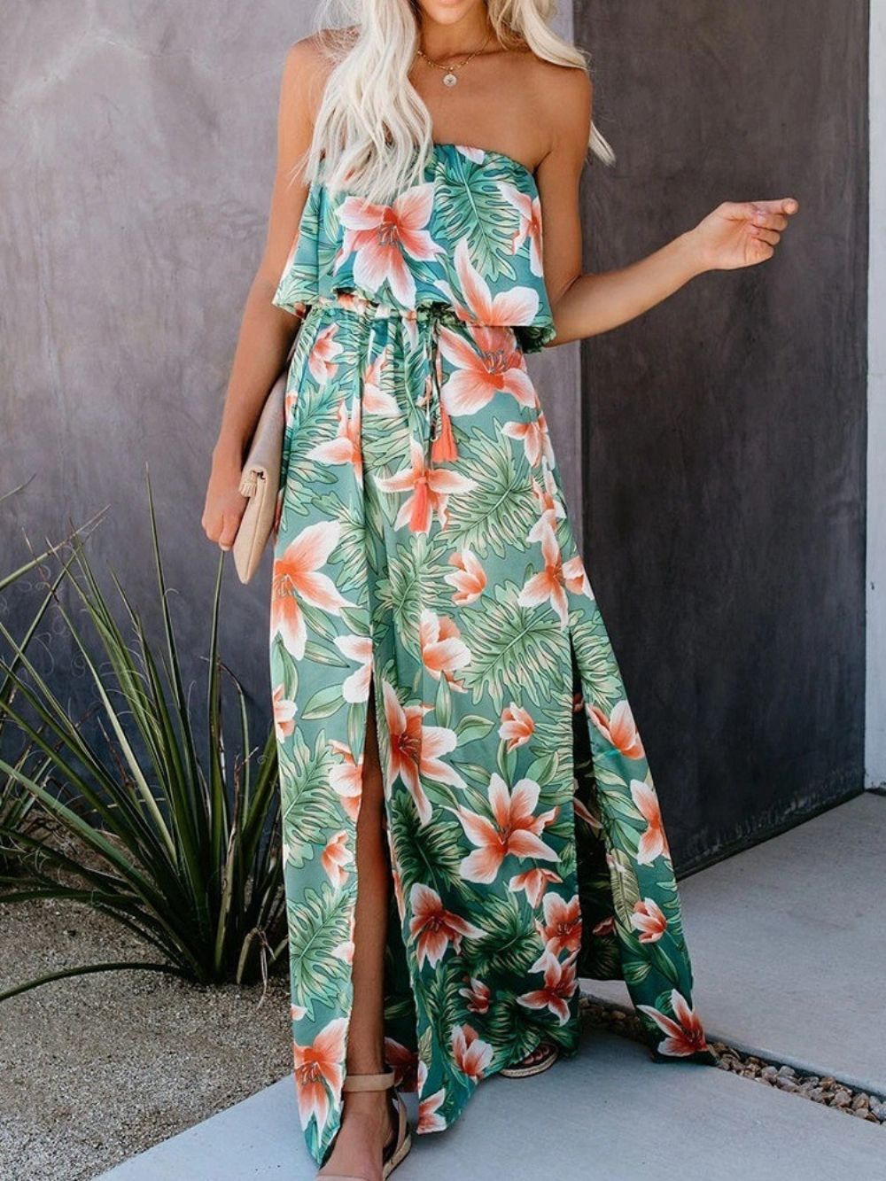 Vestido Maxi Floral Longo E Sem Mangas Com Cadarço