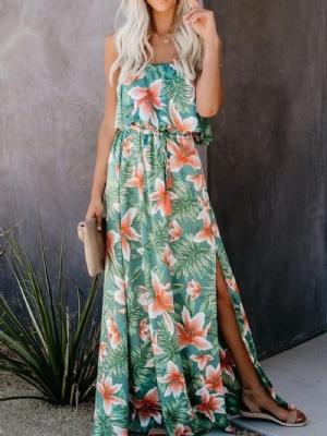 Vestido Maxi Floral Longo E Sem Mangas Com Cadarço