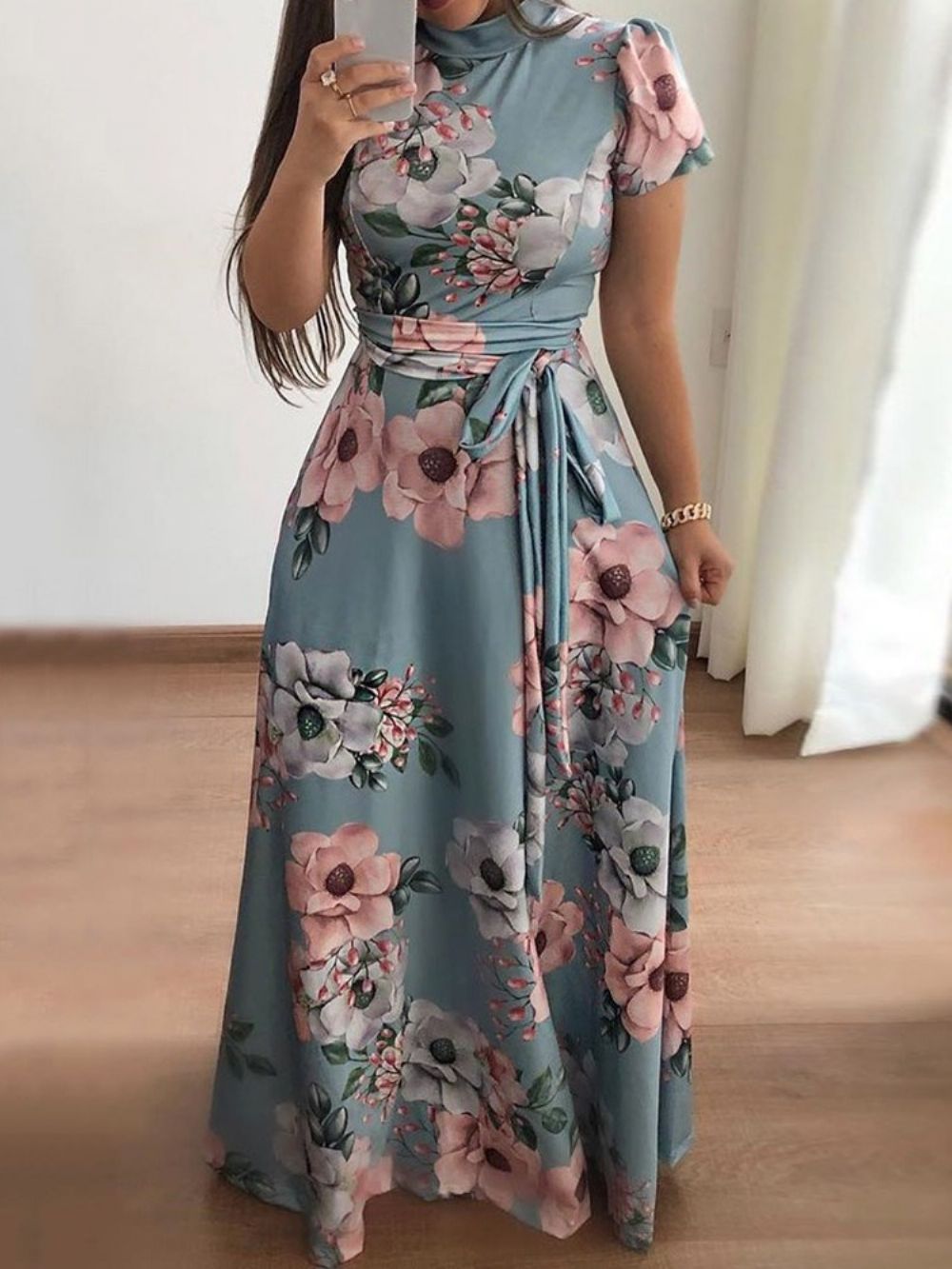 Vestido Maxi Floral Moda Manga Curta Estampado Até O Chão