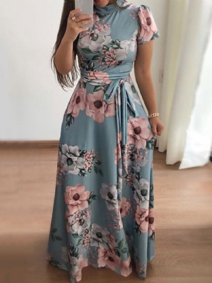 Vestido Maxi Floral Moda Manga Curta Estampado Até O Chão