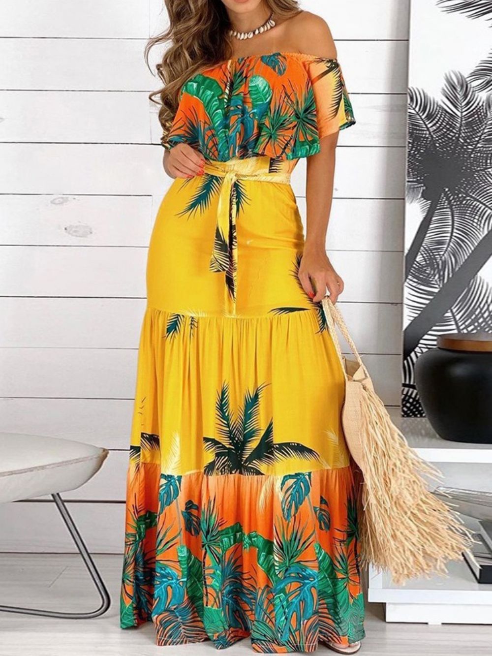 Vestido Maxi Linha A De Manga Curta E Comprimento Até O Chão