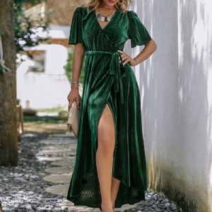 Vestido Maxi Manga Curta Com Cadarço Decote Em V Liso Manga Bufante