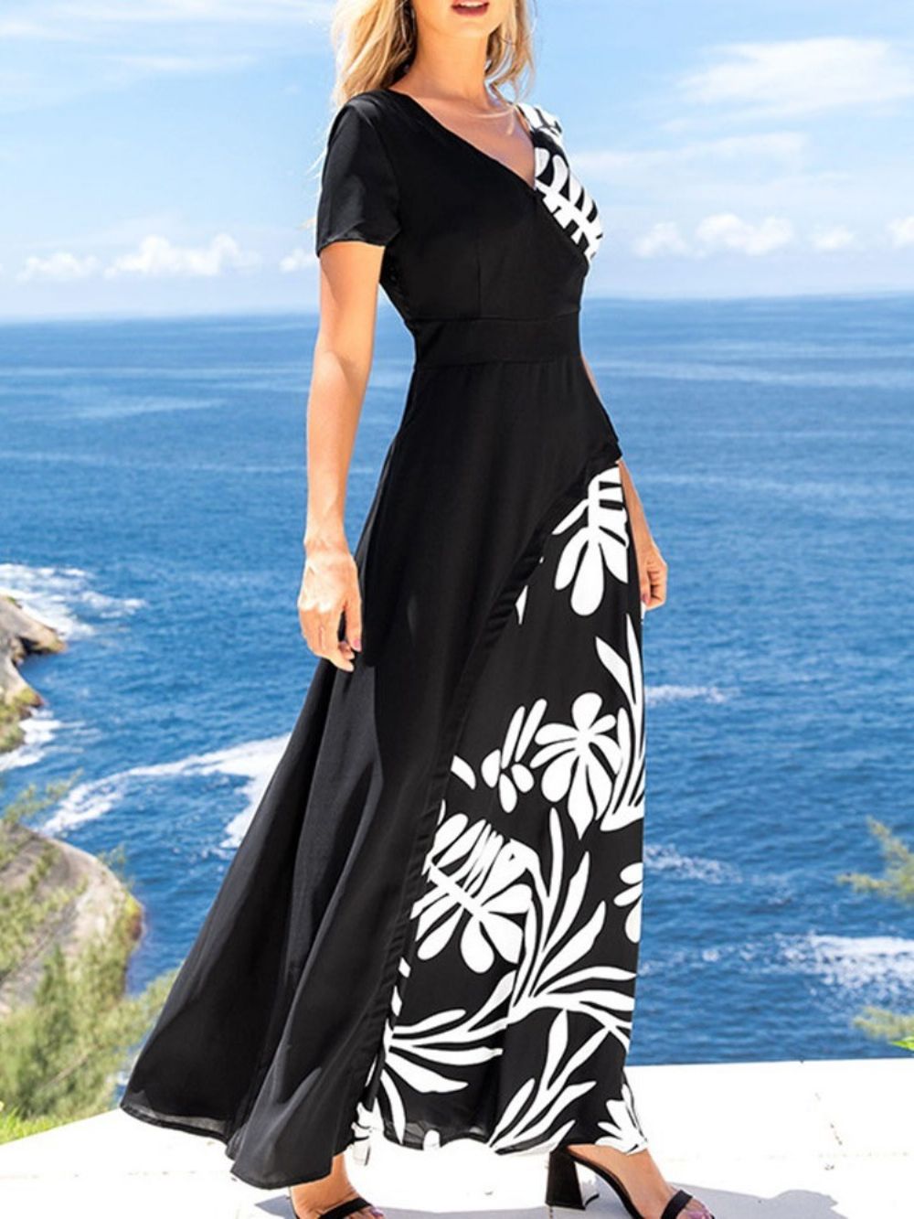 Vestido Maxi Regular Com Estampa De Decote Em V E Verão