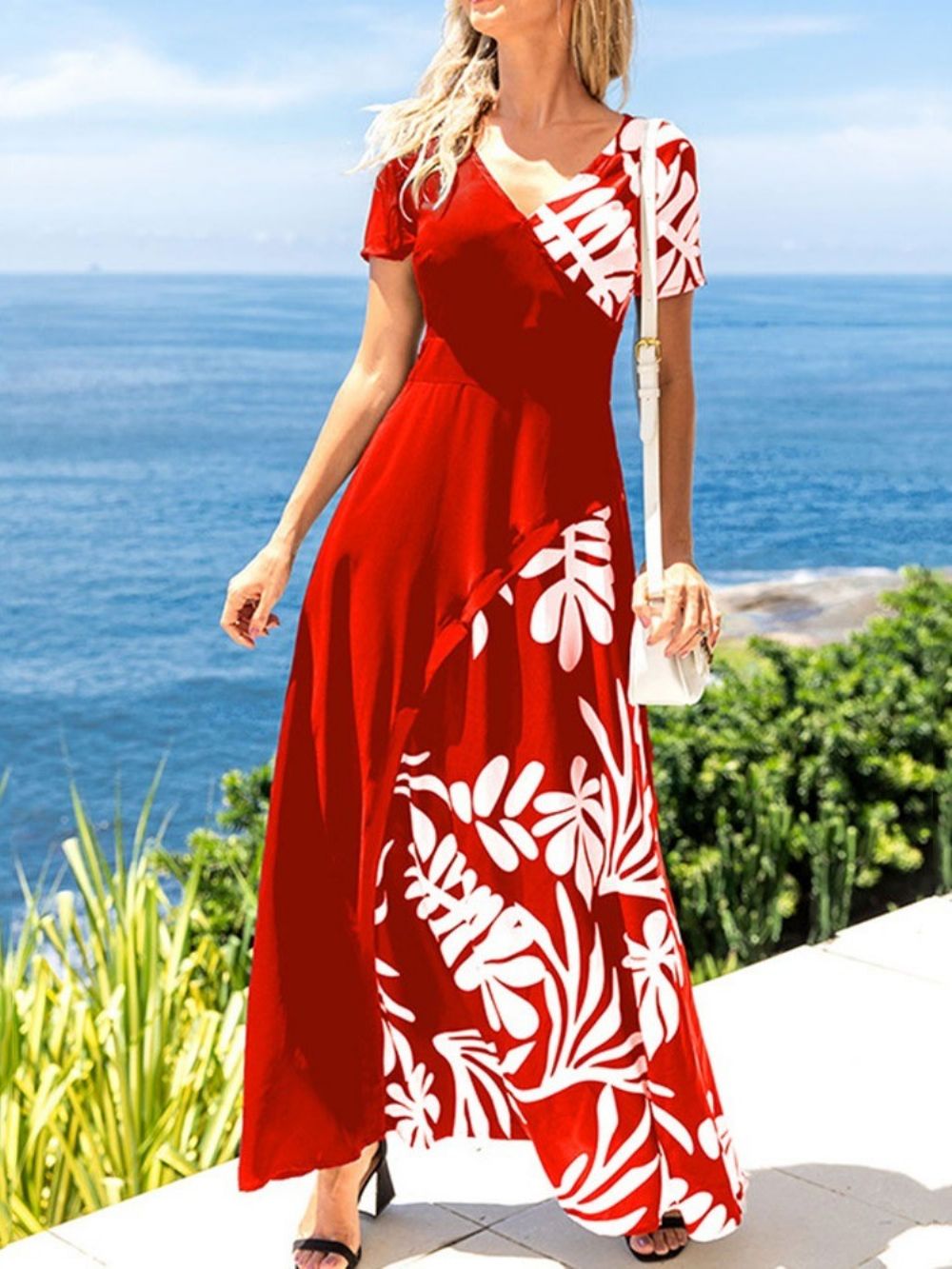 Vestido Maxi Regular Com Estampa De Decote Em V E Verão