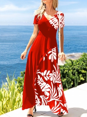 Vestido Maxi Regular Com Estampa De Decote Em V E Verão