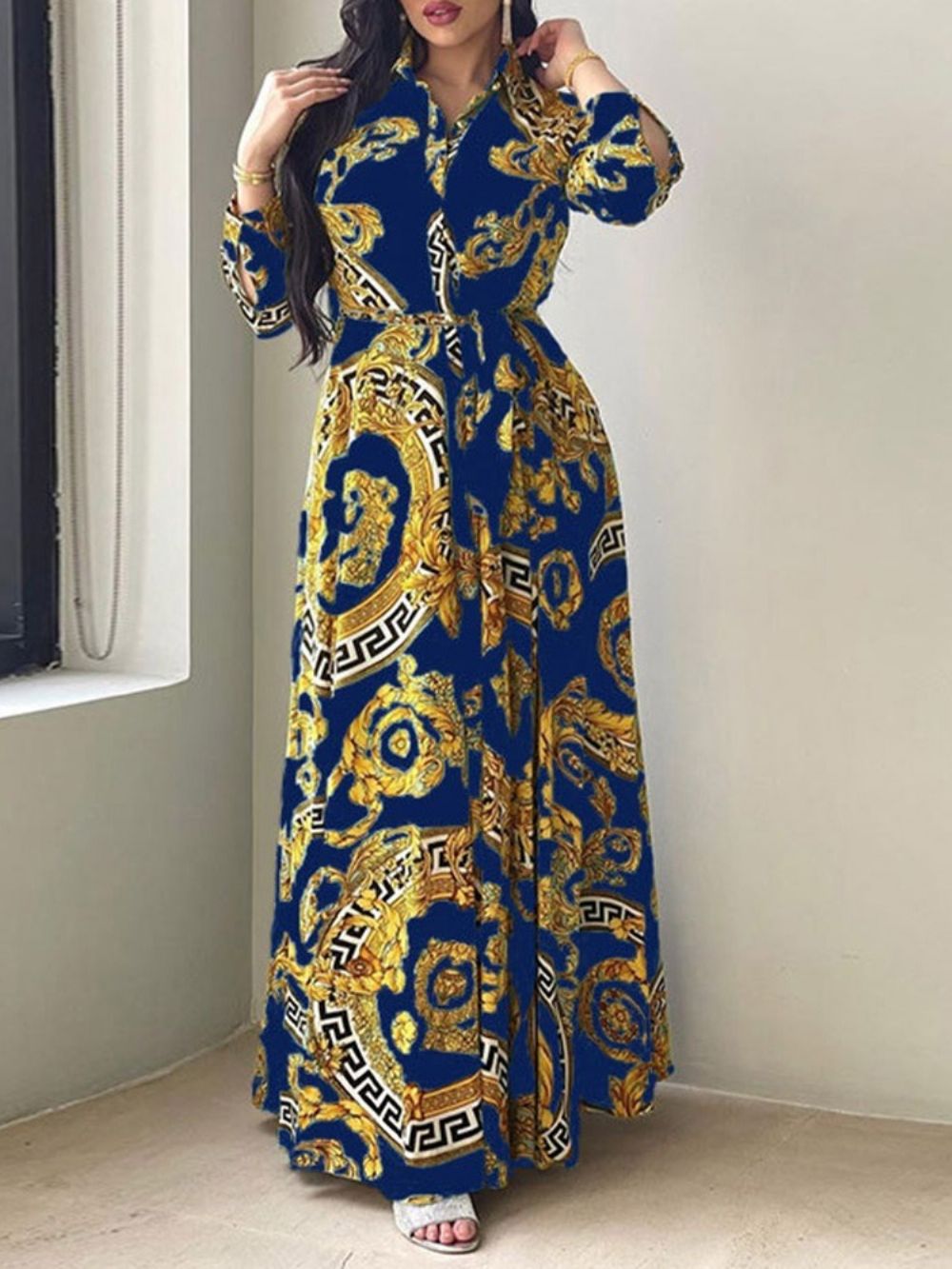 Vestido Maxi Trespassado De Verão Manga Longa Com Lapela Até O Chão