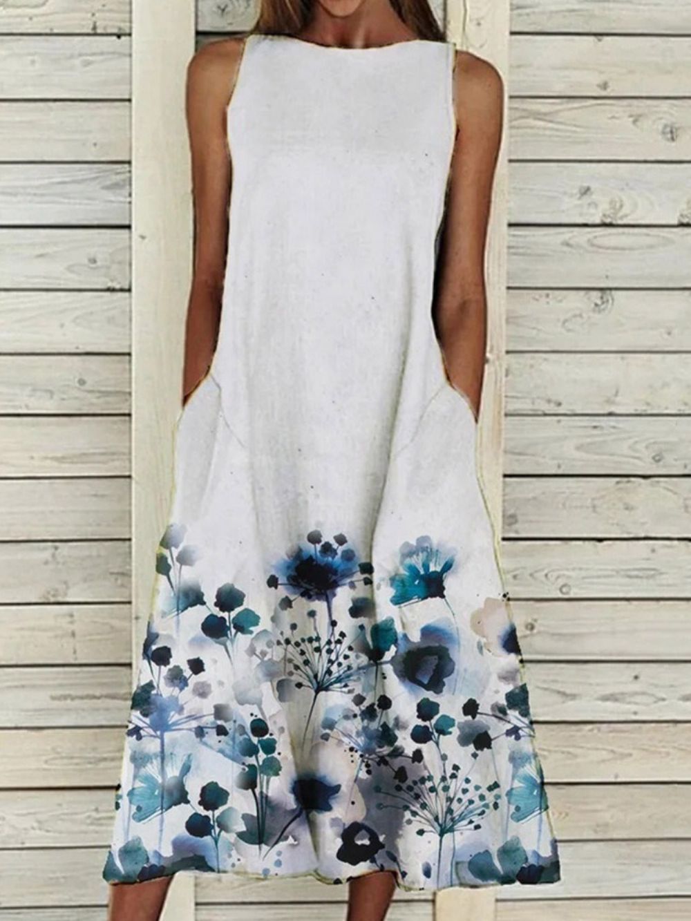 Vestido Midi Floral Estampado Sem Mangas E Meia Panturrilha Tamanho Grande