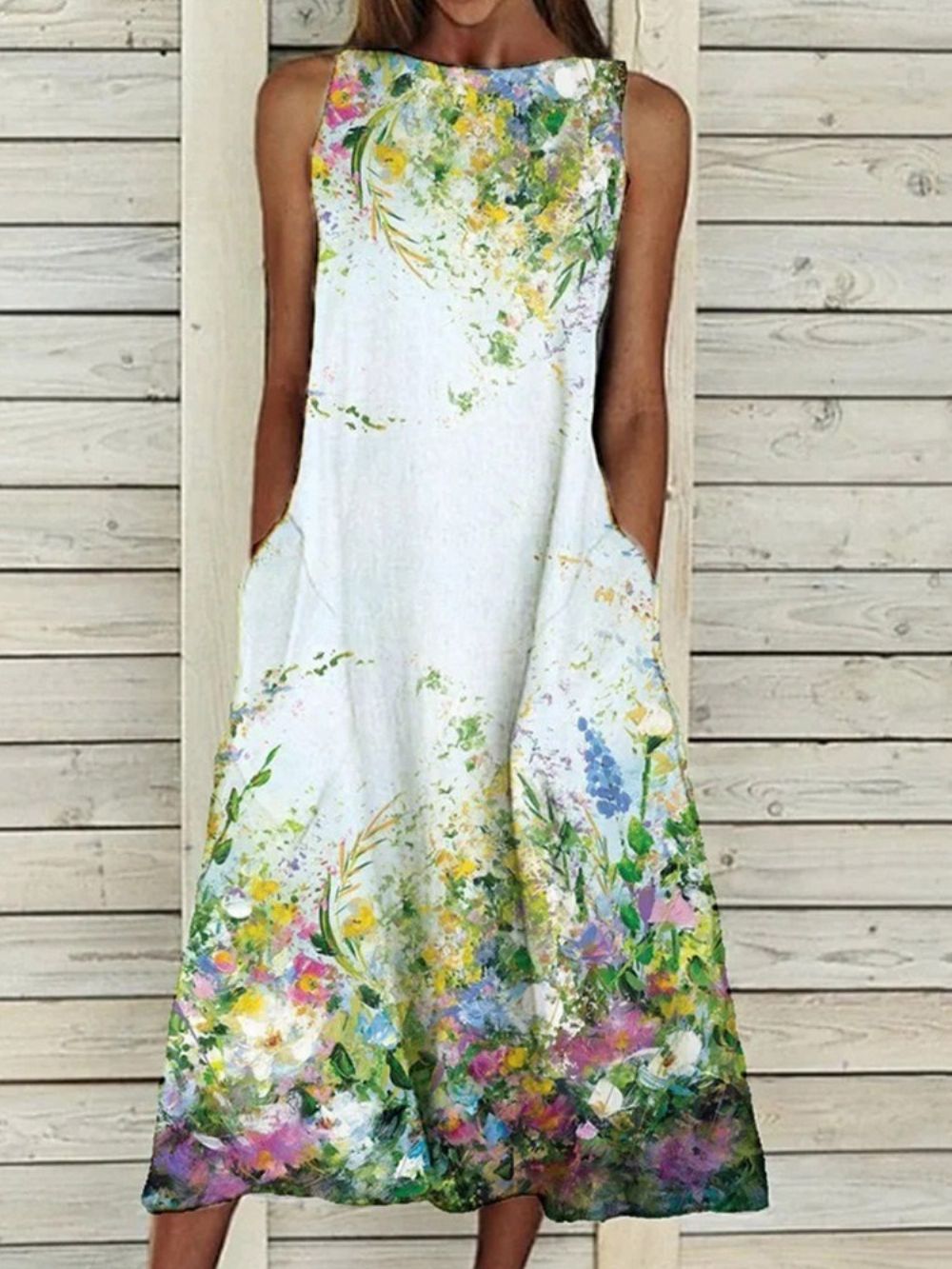 Vestido Midi Floral Estampado Sem Mangas E Meia Panturrilha Tamanho Grande